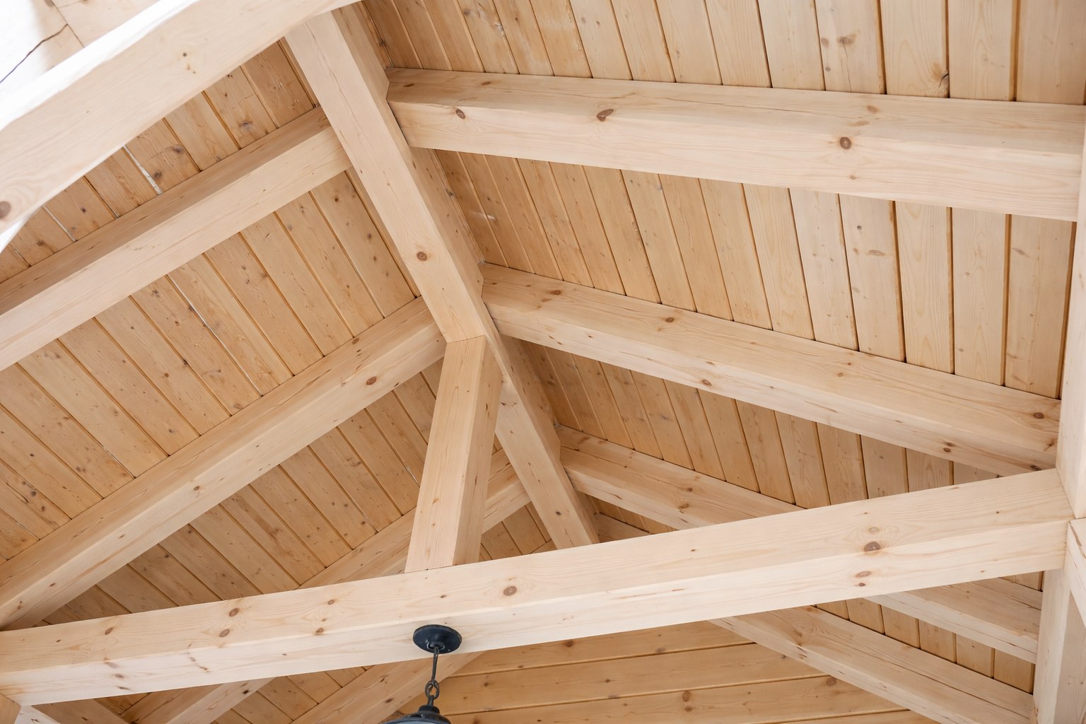 Cabin interior exposed beam ceiling before Honey stain — Ozarks MO