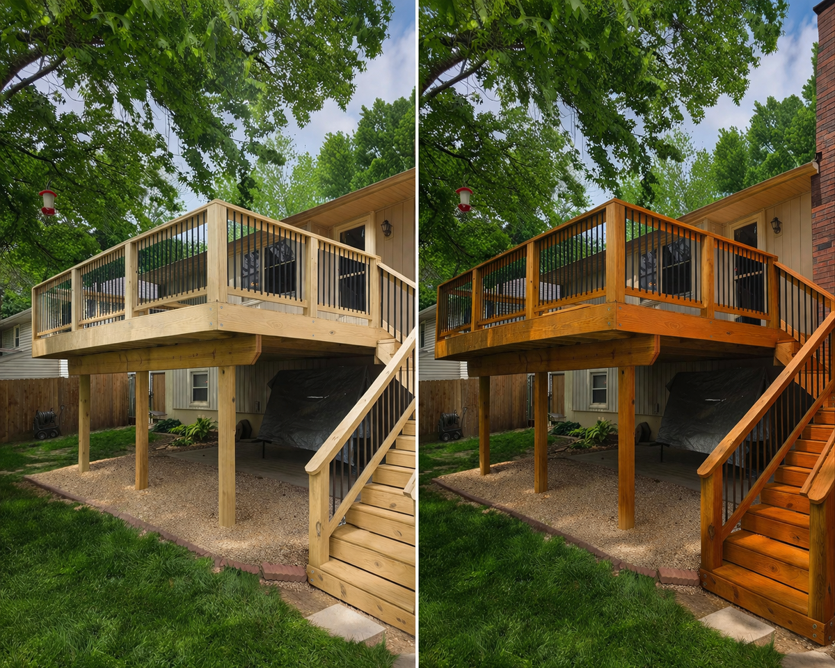 Cedar deck with railings before and after – Natural Cedar stain, Nixa, MO