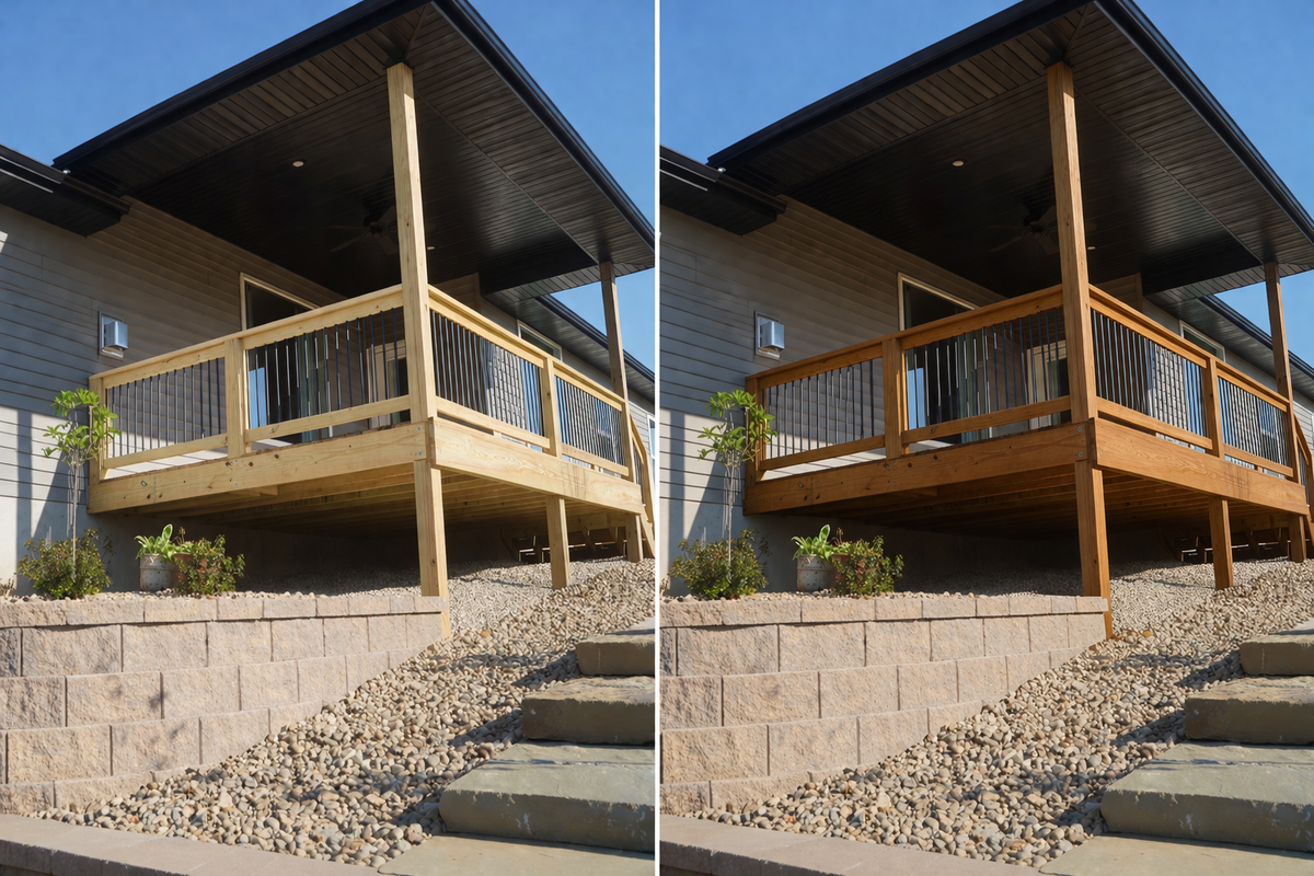 Pressure-treated deck and stairs before and after – Pecan Semi-Transparent stain, Ozark, MO