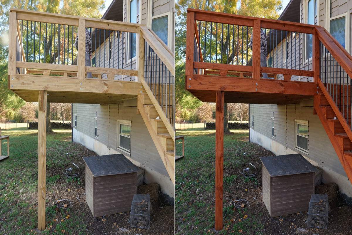 Pressure-treated deck before and after – Redwood stain, Republic, MO
