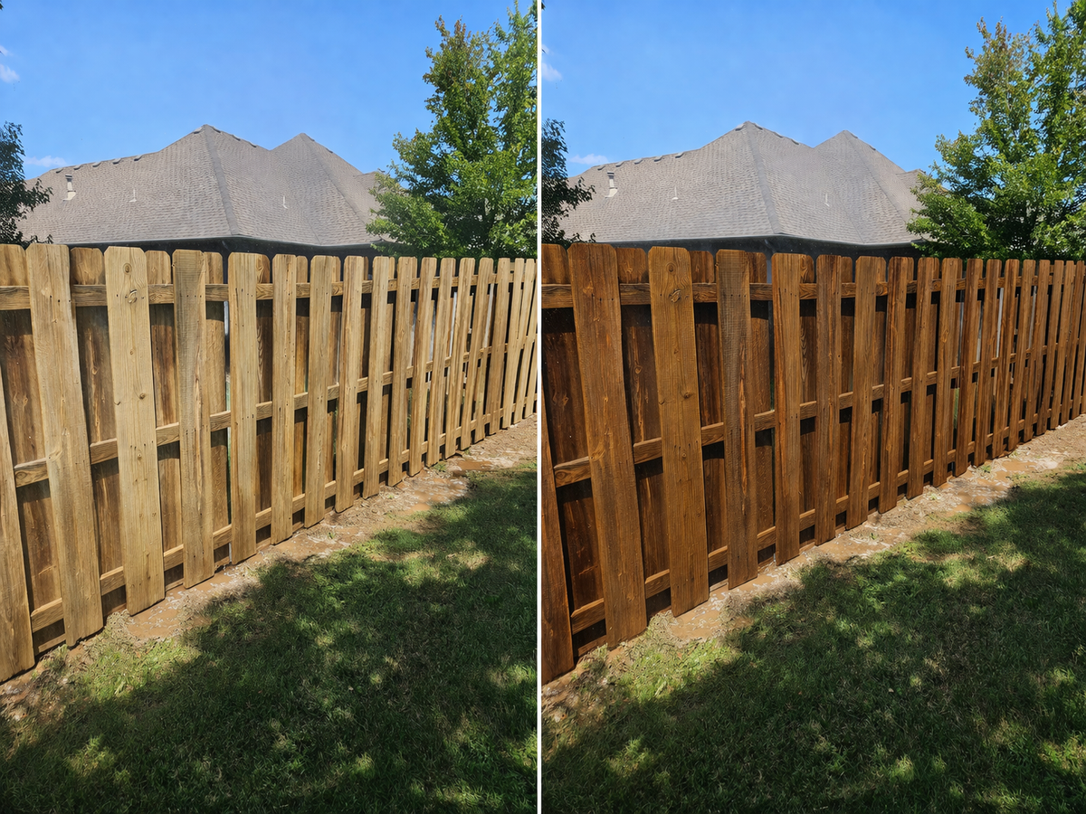 Cedar privacy fence before and after – Pecan Semi-Transparent stain, Springfield, MO