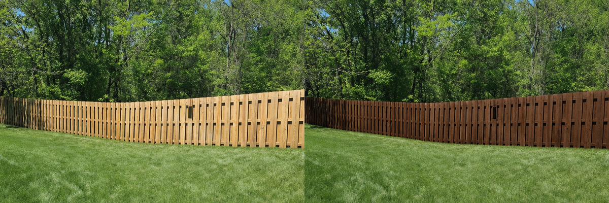 Pine fence before and after – Dark Walnut stain, Ozark, MO