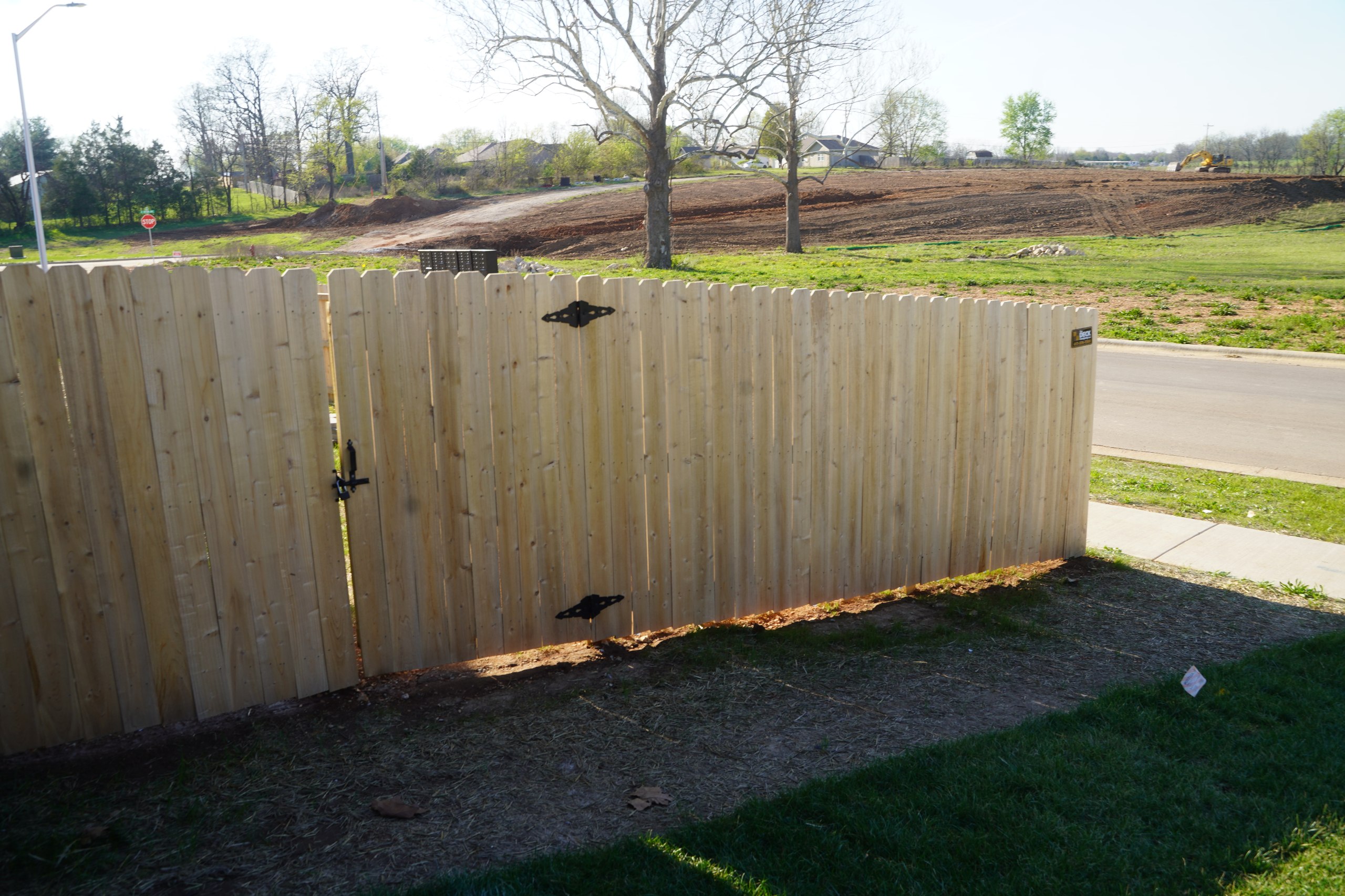 Raw pine privacy fence before Honey Gold staining — Republic MO